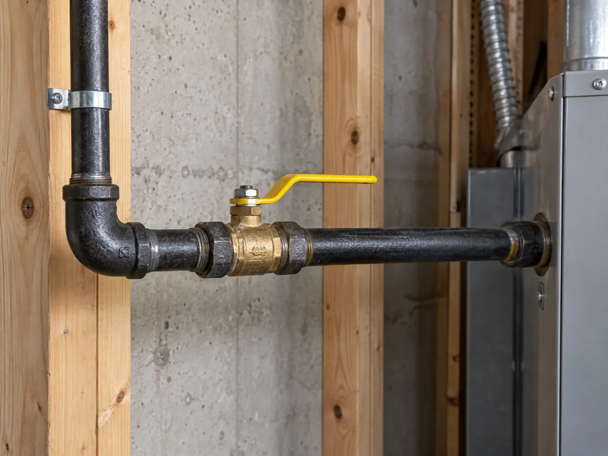 Illustration of residential gas piping and a shutoff valve
