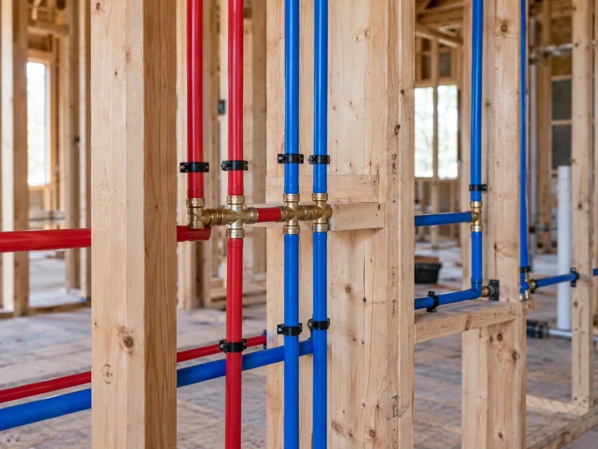 Illustrative image of red and blue water supply pipes in exposed wall framing