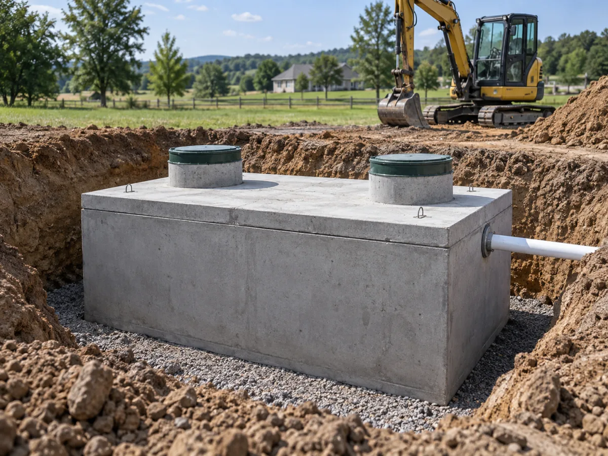 Illustrative image of a concrete septic tank placed in an excavation