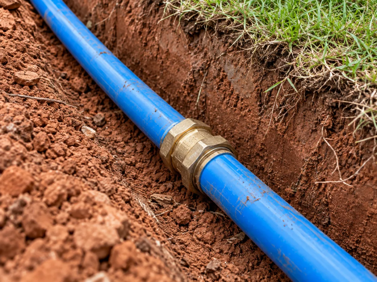 Illustrative image of an exposed blue water supply pipe and coupling